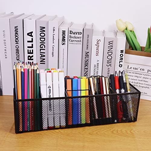 Black Mesh Pen Pencil Holder, Small Metal Desk Organizer Desktop Stationery Office Supplies Acessories Storage Stand, 5 Compartments Brushes Holder for Home School Classroom Teachers