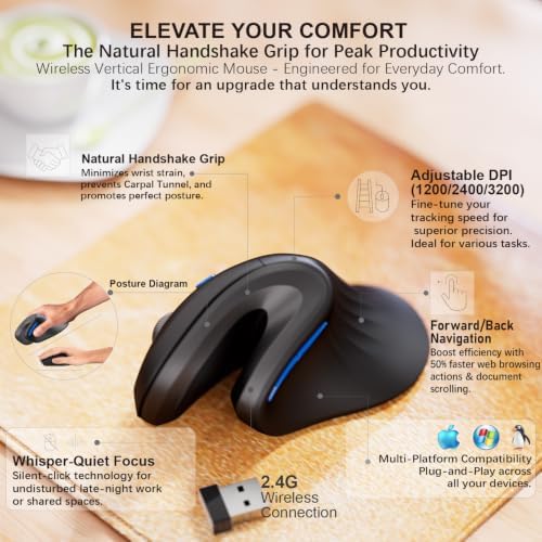 Wireless Ergonomic Vertical Mouse,2.4G USB,Quiet Click,3-Level DPI,Black