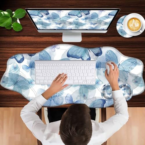 Mouse Pad with Wrist Support + Desk Mat + Coaster 3 in 1 Set, XXL Large Gaming Mousepad Ergonomic Mouse Pads for Desk Computer Laptop Office,Blue Butterfly