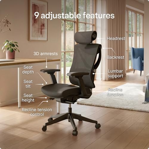 Desktronic Ergonomic Office Chair — Adjustable Desk Chair with Lumbar Support, Wide Seat, Headrest, 9 Adjustable Settings, Breathable Mesh Back, Comfortable Home Office Chair for Long Hours