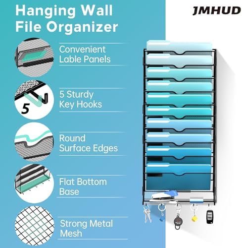 11-Tier Wall File Organizer and Mail Organizer with 5 Hooks, Black