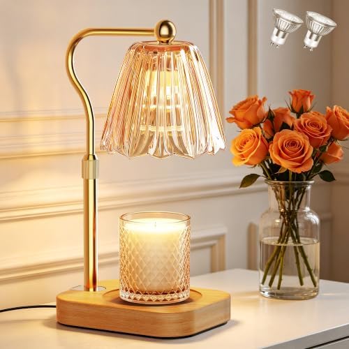 Candle Warmer Lamp with Timer Dimmer, Modern Wax Warmer for Scented Wax Jar, Striped Glass Candle Warmer, Adjustable Height Glass Lamp for Gifts for Women, Home Decor, Amber