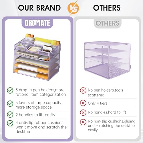 5 Tier Paper Letter Tray Desk Organizer with Pen Holders - Purple