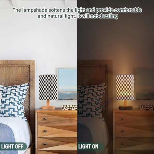 Bedside Lamp Black White Checkered Pattern Table Lamp for Bedroom LED Nightstand Lamp Shade USB Ports Wood Base for Living Room Dorm Office