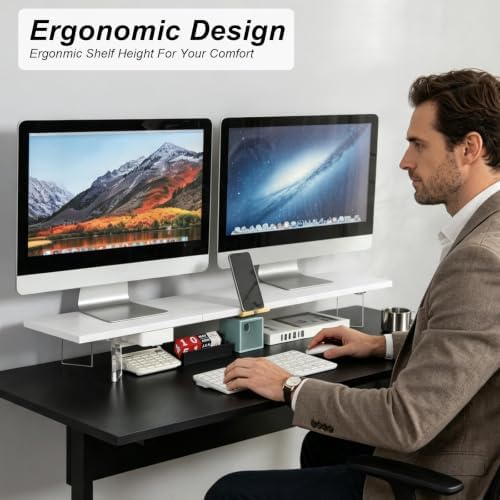 TEAMIX White Dual Monitor Stand with Acrylic Leg & Drawer & Phone Holder