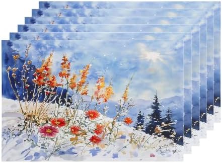 Shrahala Winter Flowers Landscape Set of 6 12 X 18 Inch Linen Placemats, Red Orange Watercolor Poppies Burlap Table Mat Washable Double Layered Heat Insulation for Indoor