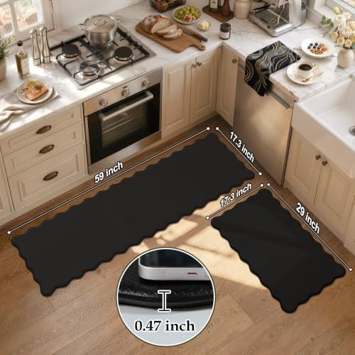 KIMODE Scalloped Kitchen Mats for Floor Cushioned Anti Fatigue,Black Carpet