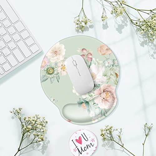 Floral Ergonomic Mouse Pad with Wrist Support, Cute Premium-Textured Mouse Mat for Wireless Mouse, Non-Slip Rubber Base, Comfortable Desk Accessories for Laptop, Office, Home, Game, Green