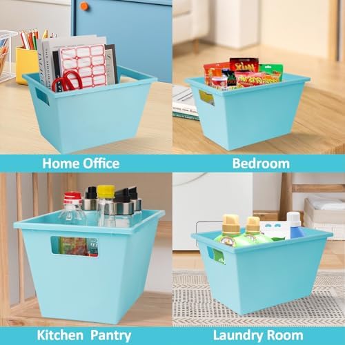 KOOMADE 4PC Plastic Stackable Storage Basket - Large Basket Organizer with Handle for Kitchen ,Offices ,Shelving, Pantry,Cabinet and Bathrooms Open Storage Bin for Space Optimization Portability-Blue