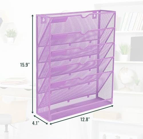 EASEPRES 6 Tier Mesh Hanging Wall File Organizer, Desk Vertical Mail Paper Document Folder Holder Rack with Bottom Tray and Nametag Label for Office Home School, Light Purple