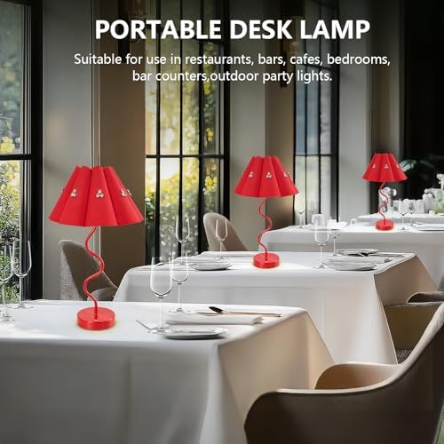 Cordless Rechargeable LED Table Lamp, Portable Desk lamp Battery, 3 Color Stepless Dimming with Memory Function, Suitable for Outdoor, Dinner, Patio & Restaurant. (red with Diamonds)