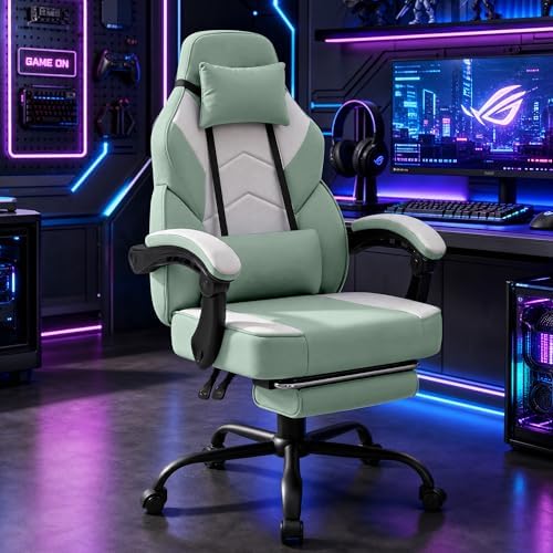 Gaming Chair with Footrest, Fabric Gaming Chair for Adults with Massage Lumbar Support, High Back Ergonomic Computer Chair, Pocket Spring Cushion, 150°Reclining & Linkage Armrests, Green