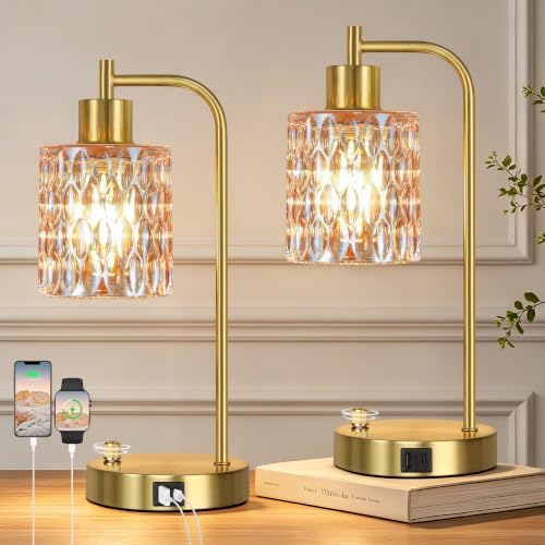 Table Lamps Set of 2, Champagne Glass Dimmable Bedside Lamps for Bedroom