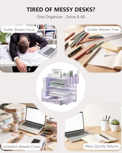 WALI Desk File Organizer, 6 Tier Desktop Paper Letter Tray Organizer with Drawer and 2 Pen Holders, Office Desk Accessories & Workspace Organizers for Office, Home Supplies(DO007DH-V), 1 Pack, Purple