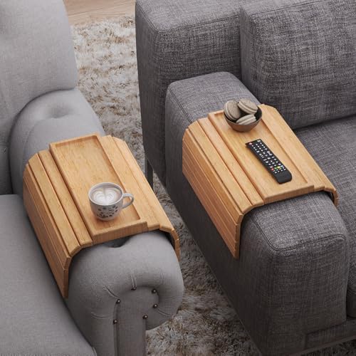 2 Pack Bamboo Folding Sofa Arm Tray with Anti-Slip Pad (Natural)