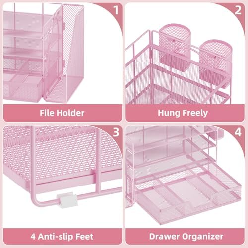 Marbrasse 4-Tier Paper Tray Organizer with Drawer and Pen Holder, Pink
