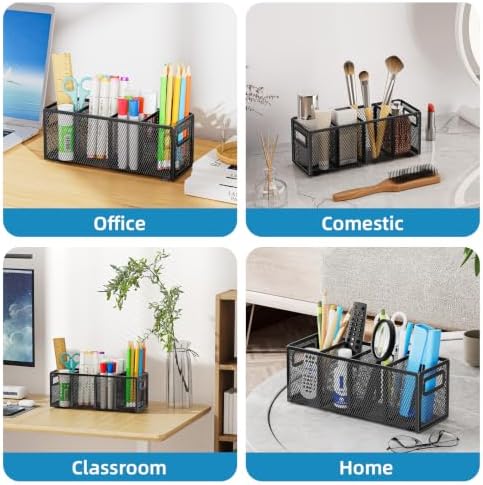 Marbrasse Mesh Pen Holder for Desk, Pencil Holder Desk Organizer 3 Adjustable Compartments, Pencil Cup with Handle Perfect for Classroom, Office, Home, Makeup, Art (4 Compartments - Black)