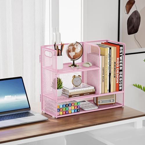 Marbrasse Desk Shelf Organizer with Handle, Bookshelf File Holder, Pink