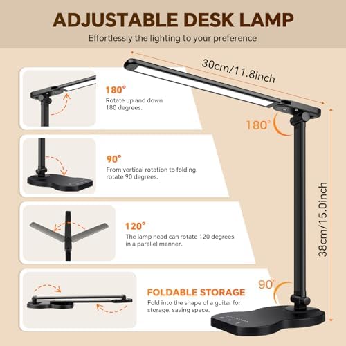 LED Desk Lamp for Dorm, Desk Light with USB Charging Port, Black