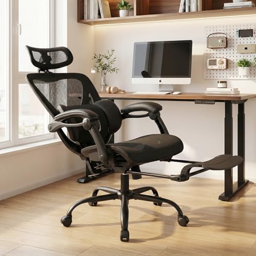 MALOL Ergonomic Mesh Office Chair with Footrest, Executive High Back Computer Desk Chair with 3D Adjustable Headrest & 5-Level Lumbar Support, Tilt Lock, 3D Arms, 300LBS, Z-Black