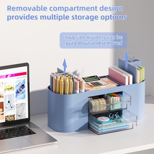 Marbrasse Desk Organizer Pen Holder for Desk with 3 Drawers, Multi-Functional Pencil Holder, Desk Organizers and Accessories with 7 Compartments for Home, School, Classroom(Blue)