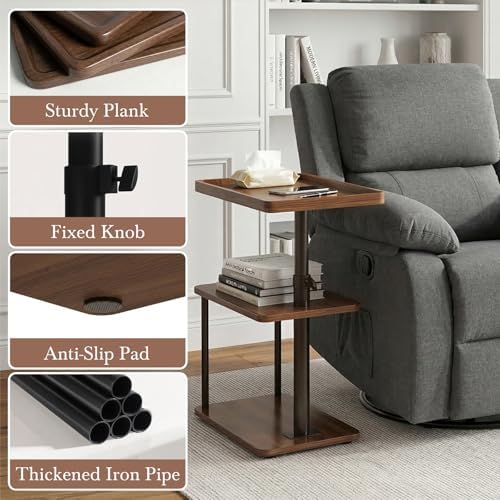 Faesun C Table End Table Adjustable Height, 360°Swivel TV Tray Table for Small Spaces, Small Nightstand for Living Room, Bedroom, Walunt