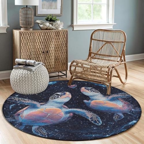 Machine Washable Modern Round Area Rug, Room Sofa Yoga Soft Round Carpet, Home Decor Non Slip Kitchen Office Circle Rug Trippy Space Sea Water Love Tortoise Turtle Art, 36inch