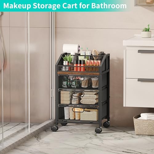 HapiRm Rolling Makeup Organizer Cart- Under Desk Vanity Storage with 3 Drawers, Floor Nail Cart Skincare Organizers Cosmetics Display Cases for Nail Polish Perfume Makeup Brush Hair Tool, Black