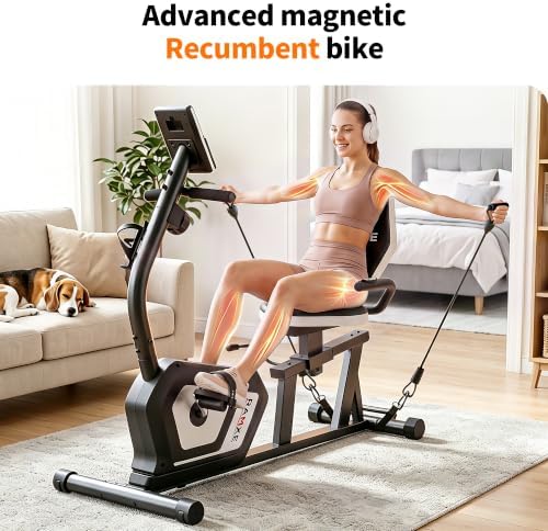 RAMXE Exercise Bikes for Home，Quiet Recumbent Stationary Bikes for Adults & Seniors, 16-Level Resistance Silent,Supports 400LB,Equipped With a Heart Rate Sensor, an LCD Display, and a Bluetooth App
