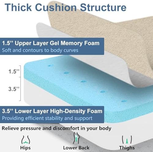 Shinnwa Gel Memory Foam Recliner Cushion for Elderly, Dual-Layer Foam Chair Pad, Extra Large Seat Cushion for Couch, Armchair, Wicker Chairs, Floor, 20 × 20 × 5in, Beige