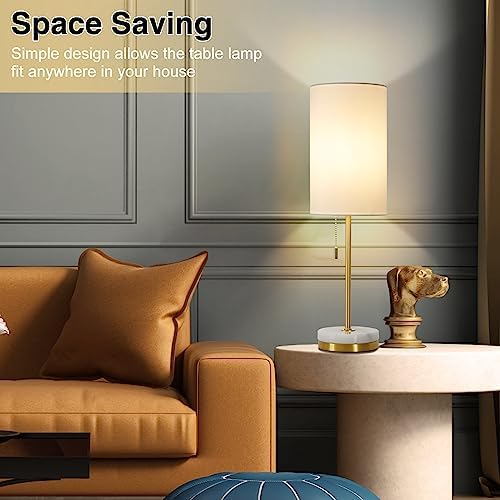 Desk Lamp & Table Lamp Set of 2, Bedside Lamps for Night Stands - Modern Small Table Lamps with Marble Base, Fabric Shade, Mini Pull Chain Bedroom Lamps for Living Room, Office, Reading (Gold)