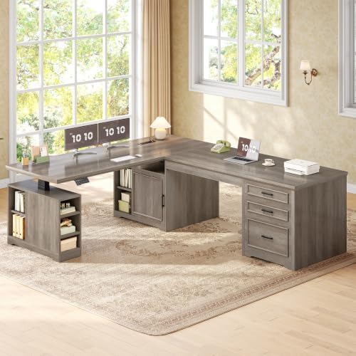 SEDETA Farmhouse L Shaped Standing Desk with Storage for Home Office, Grey