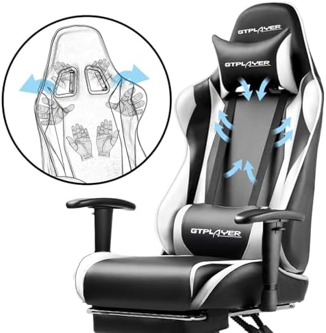 GTPLAYER Gaming Chair with Footrest, Ergonomic Computer Game Desk Chair, Reclining Gamer Chair Seat Height Adjustment, Swivel Rocker with Headrest and Lumbar (White)