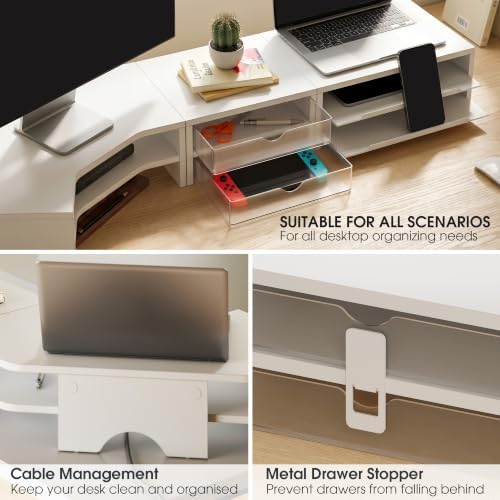 Fenge Dual Monitor Stand, Corner Desk Shelf with Drawer & Slide-Out Tray