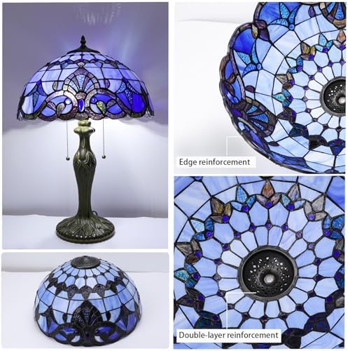 Stained Glass Table Lamp, Adjustable 3 Color Temperature,Blue Baroque Style Lampshade & Plant Texture Curve Antique Base Desk Reading Light 16X16X24 Inches Decor for Bedroom Living Room Office