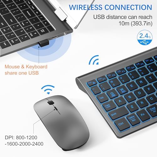 Wireless Backlit Keyboard and Mouse Ultra Slim Combo, TopMate - Gray Black