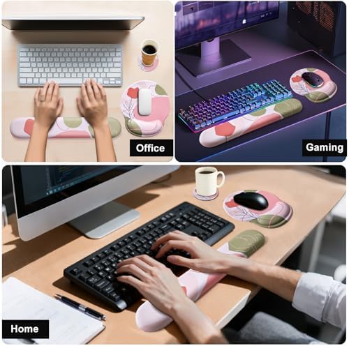 Keyboard Wrist Rest Mouse Pad with Wrist Support, Gaming Mousepad with Non-Slip Base, Ergonomic Mouse Wrist Arm Cushion Support for Home Office Laptop Computer, Easy Typing Pain Relief, Pink Flower
