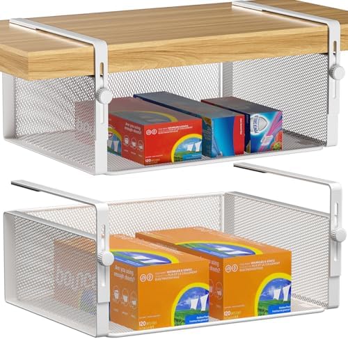 AmonHouseware 2Pack Under Shelf Basket,Adjustable Hanging Holder,White