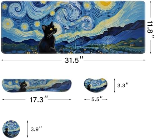 Desk Pad and Keyboard Wrist Rest, Large Mouse Pad + Keyboard Pad+Mouse Wrist Support, Non-Slip Desk Mat Protector for Office, Home 31.5×11.8 Inches Starry Night Cat