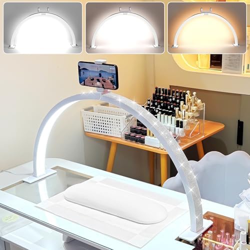 Large 29-inch Half Moon Light for Nail Desk,48W Lamp for Nail Desk with Hand Pillow and Phone Holder, Nail Desk lamp Pink for lash Eyelash Extension,Color Temperature 3000K-6000K (White)