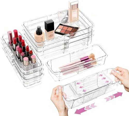10 Pcs Extendable Clear Drawer Organizer, All Adjustable Vanity Storage Box, 2-Size Desk Drawer Organizer, Durable Storage Bins for Makeup, Cosmetic, Bedroom Dressers Tool Organizer for Gadgets