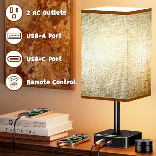 Bedroom Nightstand Lamp with Charger, Touch Table Lamps with Remote Control