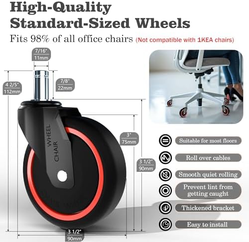 Anti-Tangle Office Chair Casters 5-Pack- 650LB Capacity, 7/16" x 7/8" Stem Size, 3 Inch PA Wheels for Carpet, Tile, Hardwood,360° Smooth Rolling, Low-Noise, Fits Most Chairs,Fits Most Chairs