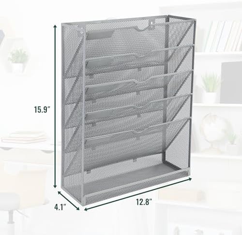 EASEPRES 6 Tier Mesh Hanging Wall File Organizer, Desk Vertical Mail Paper Document Folder Holder Rack with Bottom Tray and Nametag Label for Office Home School, Gray
