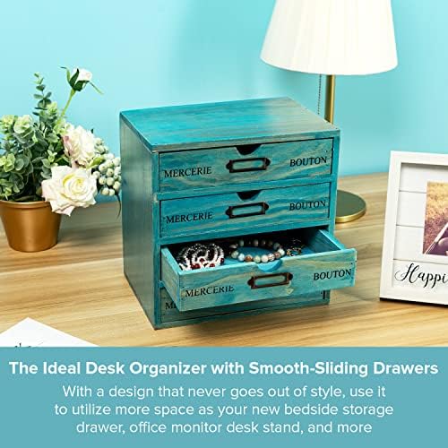 Turquoise 4-Tier Drawer Unit - Teal European Country Style Desk Organizer Box - 9.7x7x10 Wooden Stackable Drawers - Countertop Organizer Drawers w/Label Holder - 4-Level File Drawer Unit