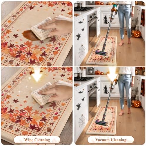 KIMODE Fall Kitchen Mats Cushioned Anti Fatigue 17"x47"+17"x29", Beige Kitchen Mats for Floor, Padded Kitchen Floor Mats Non Slip, Autumn Maple Leaves Standing Mat for Laundry Office Sink Desk