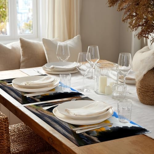 Shrahala Fall Yellow Trees Landscape Set of 6 12 X 18 Inch Linen Placemats, Autumn in Castle Creek Road Burlap Table Mat Washable Double Layered Heat Insulation for Indoor/Outdoor