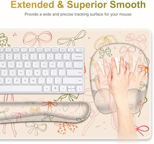 Apricot Mouse Pad with Wrist Support 4 in1 Set, XXL Big Game Mousepad + Keyboard Wrist Rest + Mouse Wrist Rest Pad +Coaster Gaming Mat for Home Office Work Computer I Colorful Cute Girl's Bow