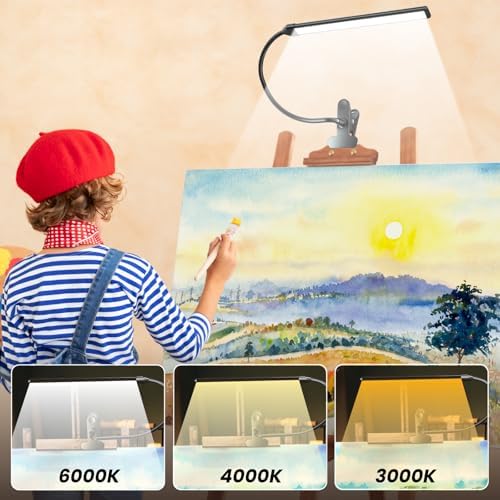 Clip-On LED Easel Lamp for Artists, 3 Color Modes, 10-Level Dimmable, 300lm Eye-Care Easel Lights for Painting, Drawing with Flexible Arm, USB-Powered(No Battery)