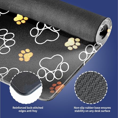 Gold White Pet Paw Large Mouse Pad, Cute Dog Cat Footprint Black Desk Mat